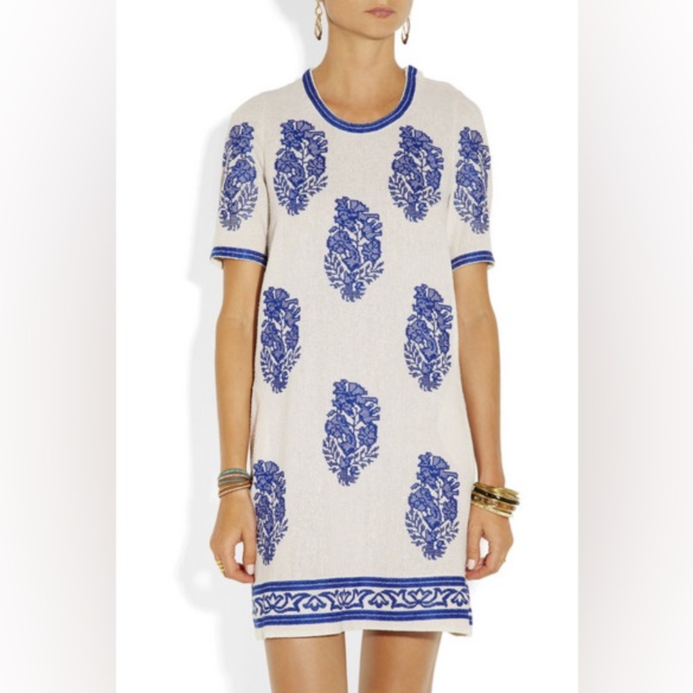 Isabel Marant Etoile Cream Blue Silk and Embroidered Dress